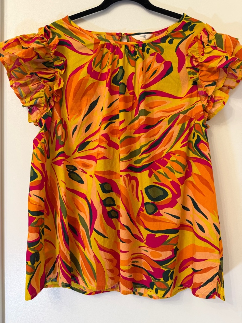 Terra & Sky Multicolor Tropical Print Ruffle Sleeve Blouse - Yellow, Orange, 14W